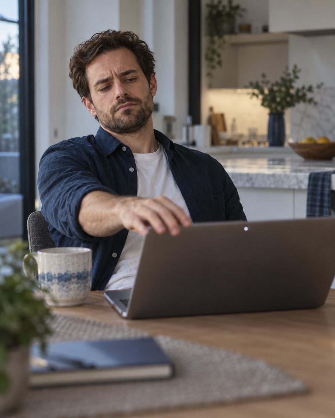 Professional at his kitchen table closing his laptop, unimpressed by a one-way video recording prompt